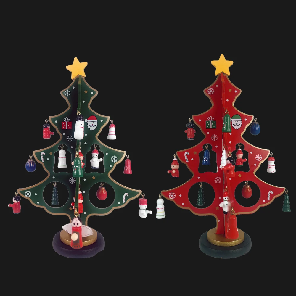 Juletræer i træ – hver med 20 håndmalede figurer, rød eller grøn (Højde 25,5 cm.) - Billede 3