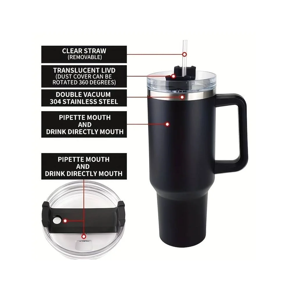 Tumbler termokop 1200 ml med håndtag, låg og sugerør (perfekt til kold/varm drikke) - Billede 7